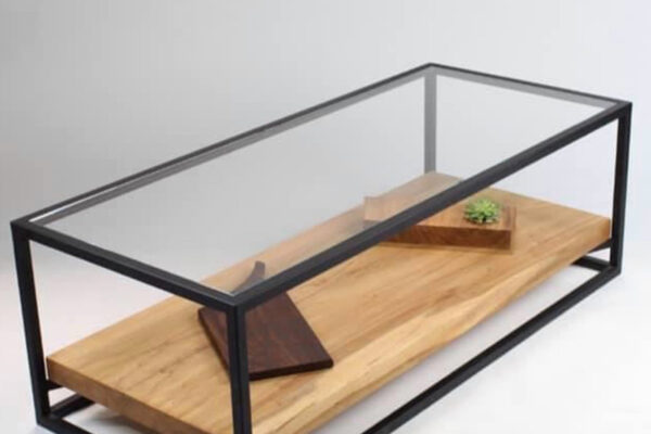 Coffee table wood, steel base and glass